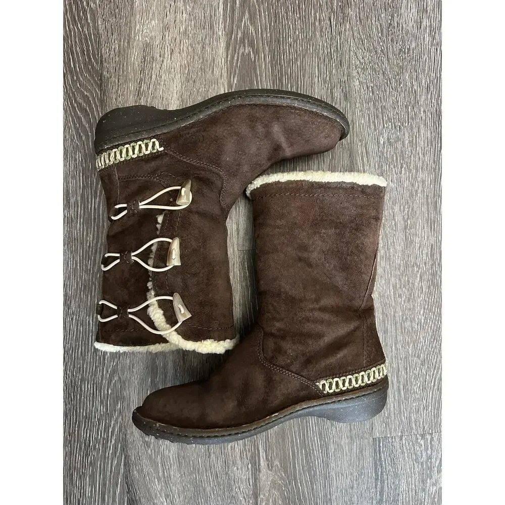 UGG Shearling Boots Kona Womens Size 9 Brown Suede Mid Calf Toggle Sheepskin